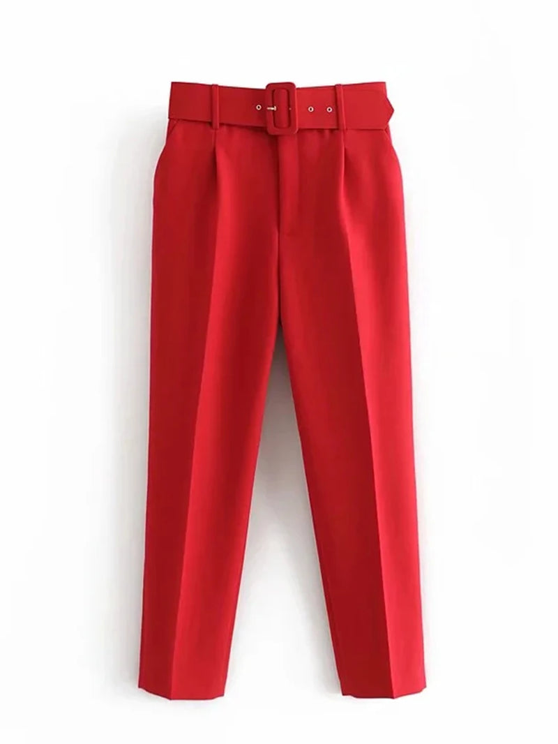 Casual Solid Color Pants for Women High Waist Belt Straight Long Pants Female 2021 Spring New Womens Clothing