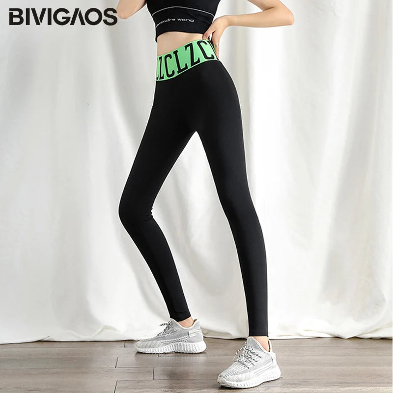Large Letter High Waist Stitching Sharkskin Leggings Women'S Elastic Autumn Leggings Pants Black Sports Fitness Legging