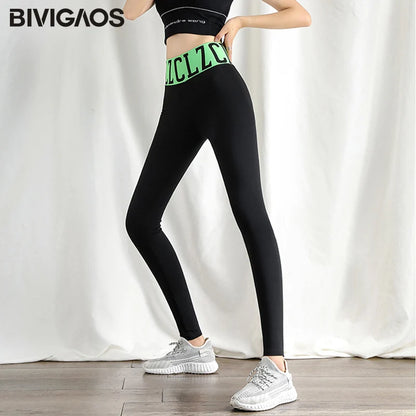 Large Letter High Waist Stitching Sharkskin Leggings Women'S Elastic Autumn Leggings Pants Black Sports Fitness Legging