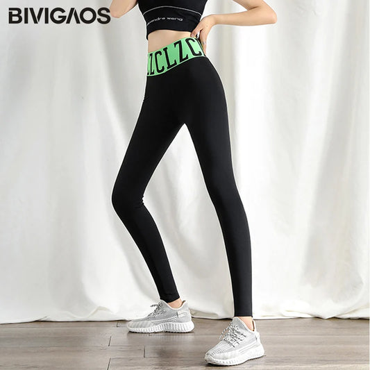 Large Letter High Waist Stitching Sharkskin Leggings Women'S Elastic Autumn Leggings Pants Black Sports Fitness Legging