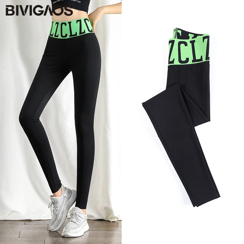 Large Letter High Waist Stitching Sharkskin Leggings Women'S Elastic Autumn Leggings Pants Black Sports Fitness Legging