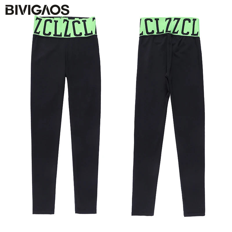Large Letter High Waist Stitching Sharkskin Leggings Women'S Elastic Autumn Leggings Pants Black Sports Fitness Legging