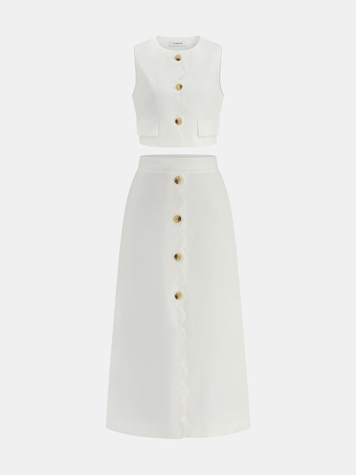 Cotton Linen Scallop Trim Vest & Skirt Set