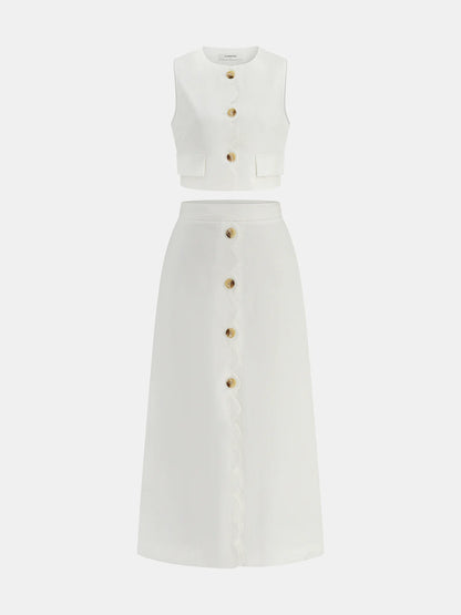 Cotton Linen Scallop Trim Vest & Skirt Set