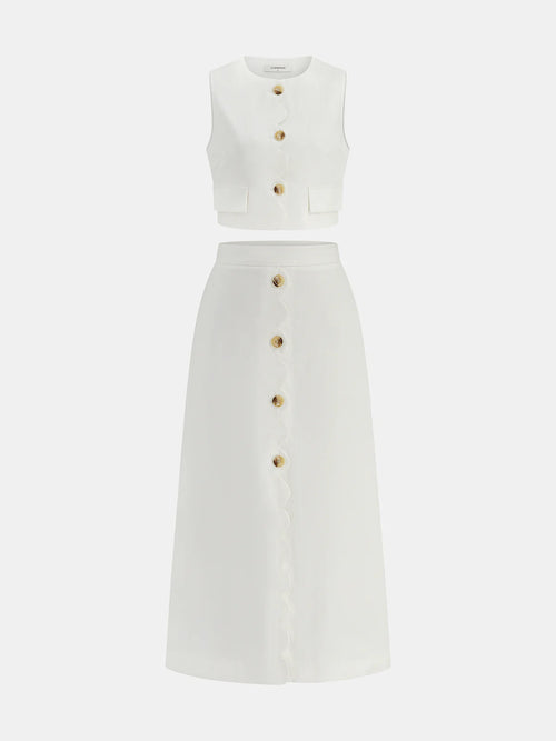 Cotton Linen Scallop Trim Vest & Skirt Set
