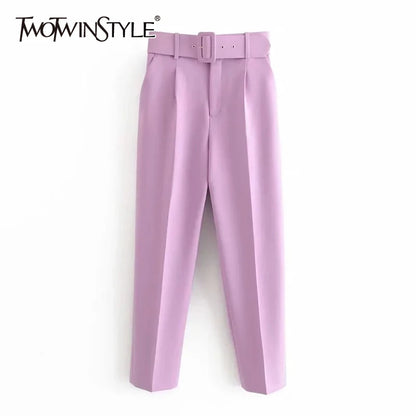 Casual Solid Color Pants for Women High Waist Belt Straight Long Pants Female 2021 Spring New Womens Clothing