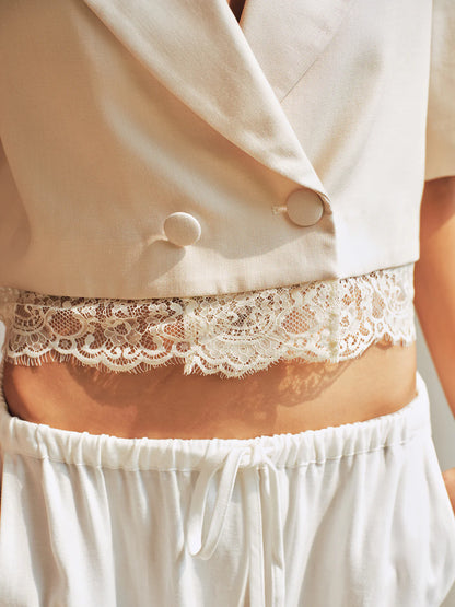Double Breasted Lace Hem Short Sleeve Blazer