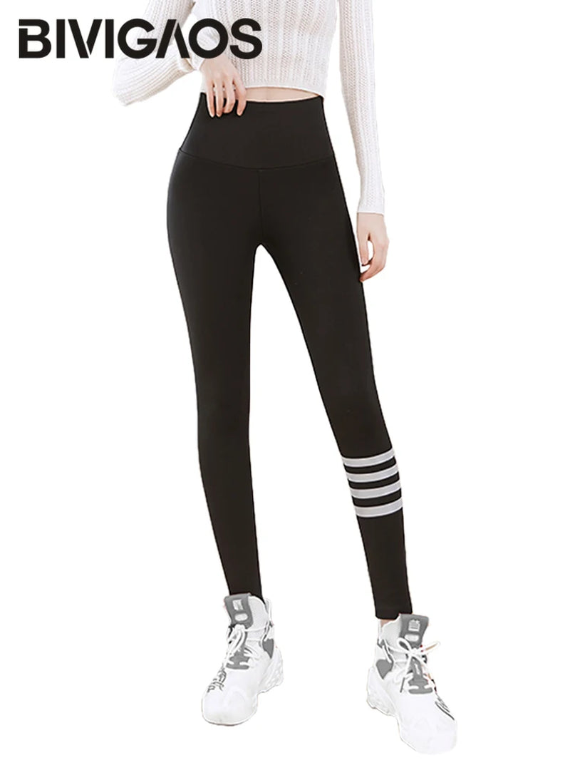 Spring New Four-Stripes Sharkskin Leggings Women'S Slim Stretch High Waist Sports Black Leggings Fitness Leggings