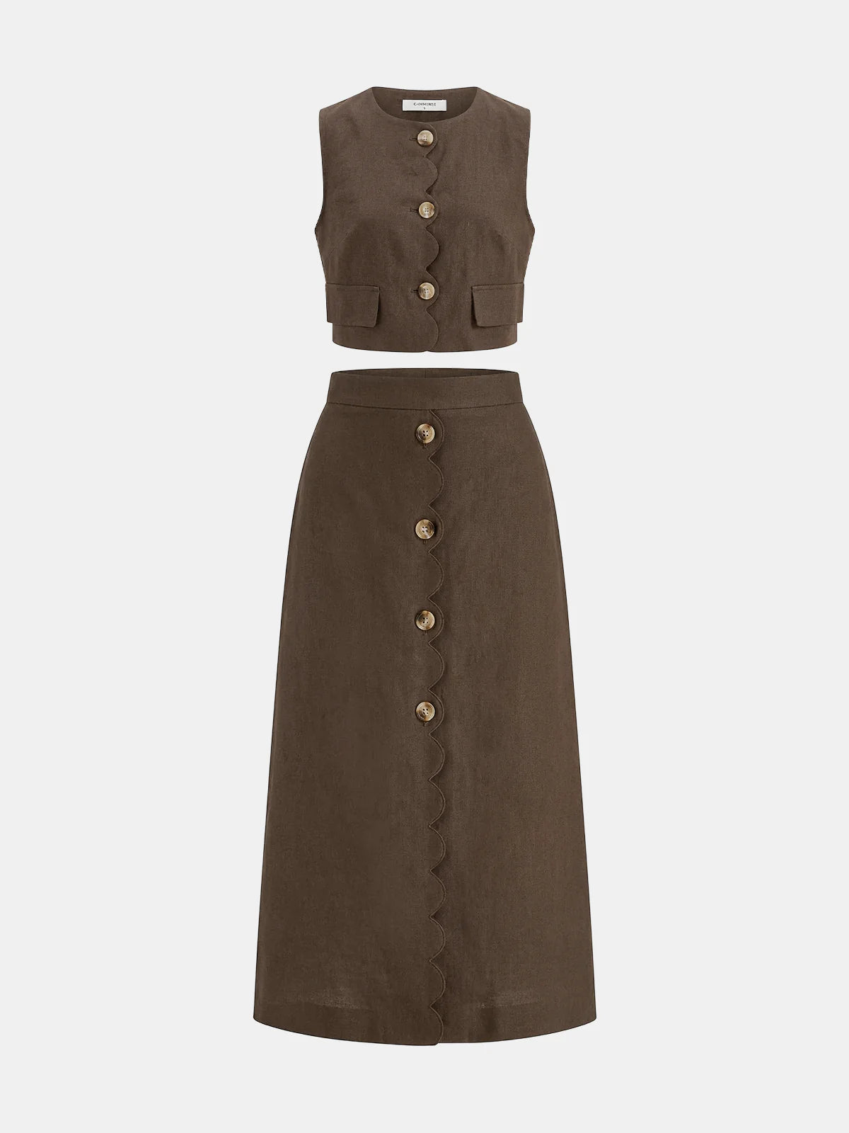 Cotton Linen Scallop Trim Vest & Skirt Set