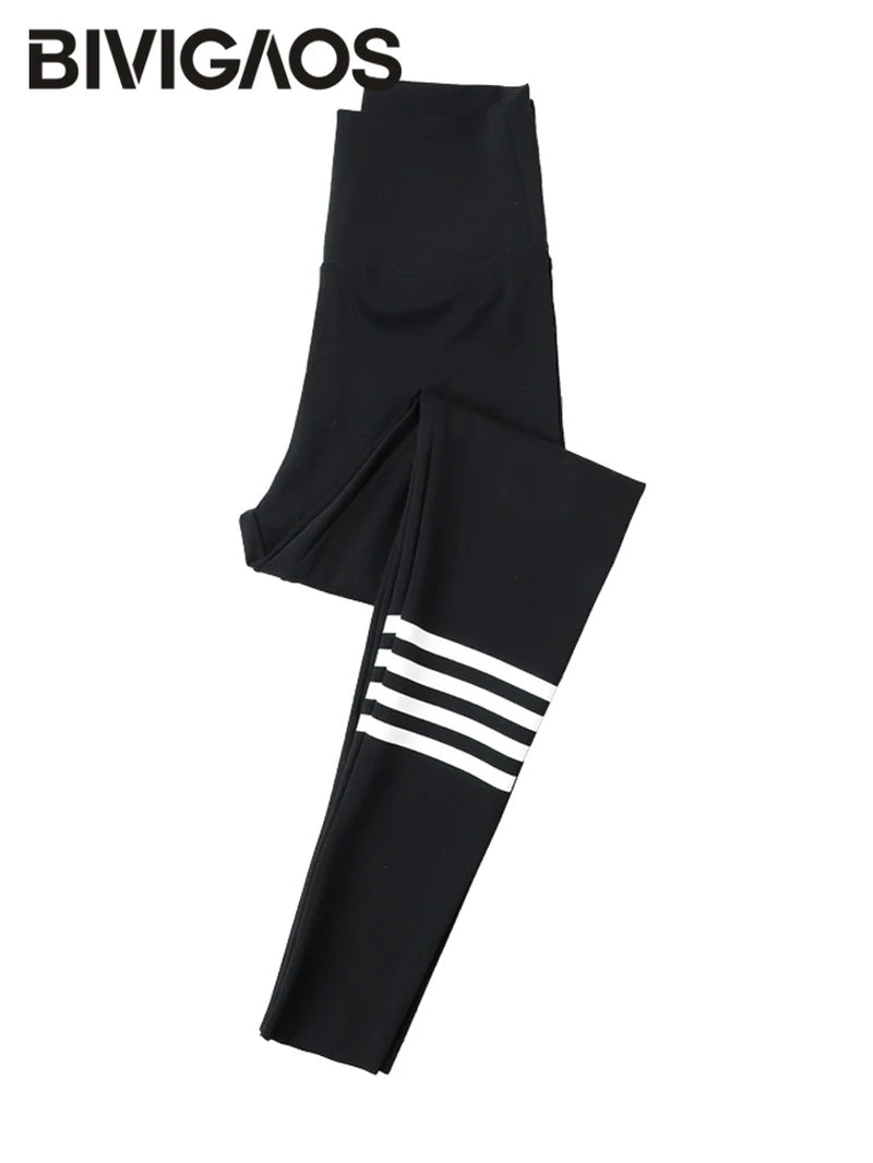 Spring New Four-Stripes Sharkskin Leggings Women'S Slim Stretch High Waist Sports Black Leggings Fitness Leggings