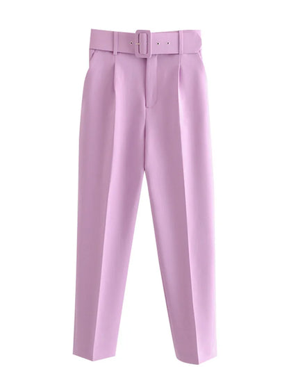 Casual Solid Color Pants for Women High Waist Belt Straight Long Pants Female 2021 Spring New Womens Clothing