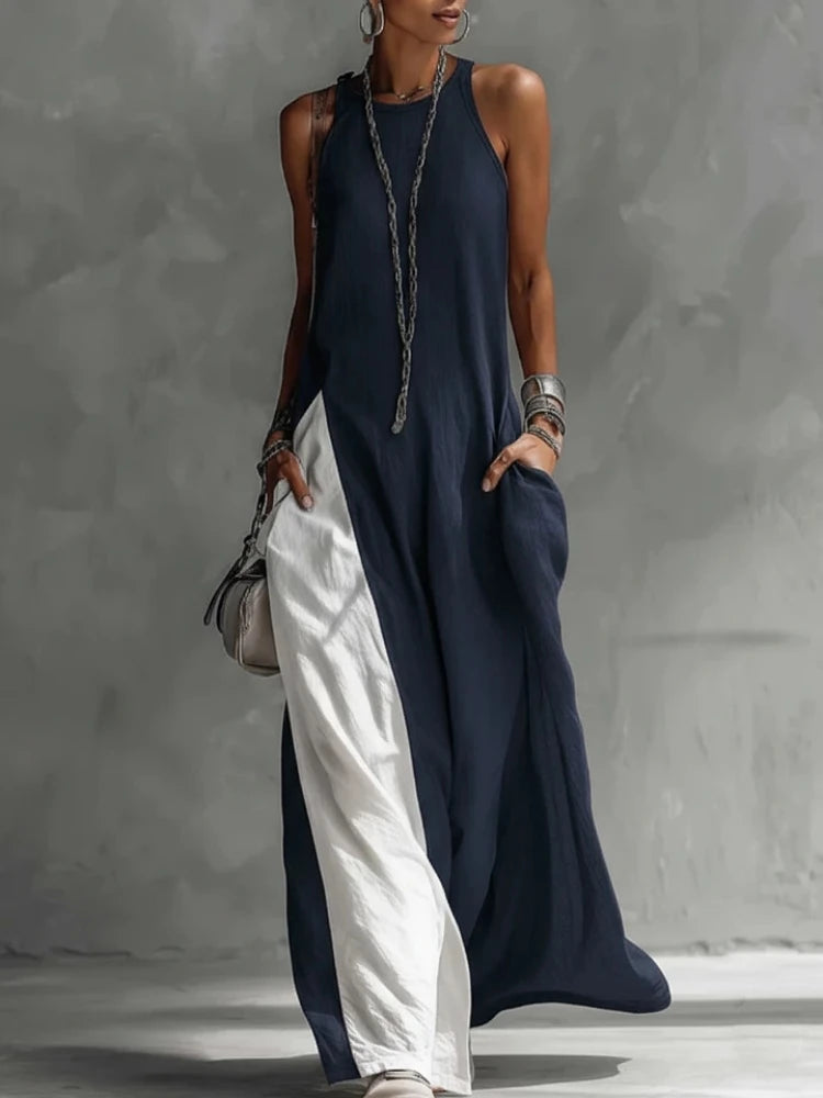 Elevate Your Summer Style with Our Women’s Strappy Color Block Maxi Dress - Boho Chic Halter Neck with Pockets for Effortless Elegance