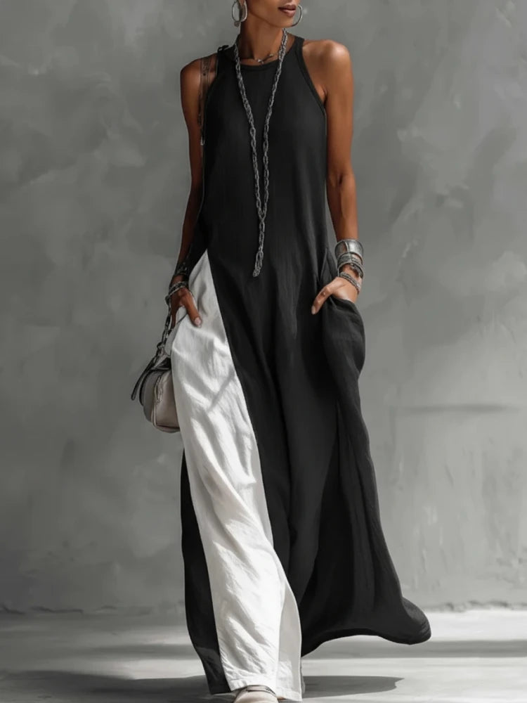 Elevate Your Summer Style with Our Women’s Strappy Color Block Maxi Dress - Boho Chic Halter Neck with Pockets for Effortless Elegance