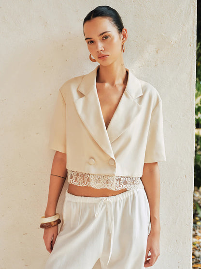 Double Breasted Lace Hem Short Sleeve Blazer