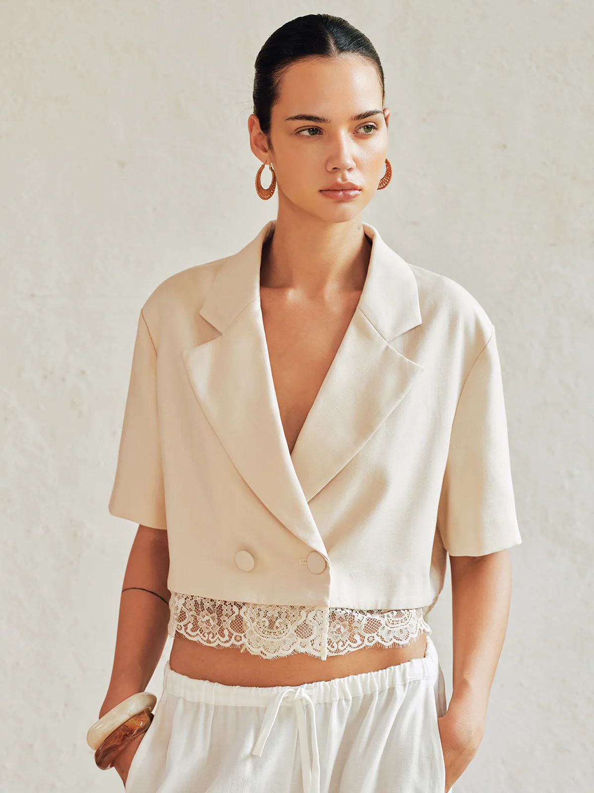 Double Breasted Lace Hem Short Sleeve Blazer