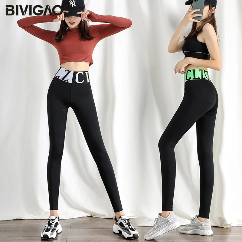 Large Letter High Waist Stitching Sharkskin Leggings Women'S Elastic Autumn Leggings Pants Black Sports Fitness Legging