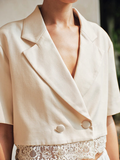 Double Breasted Lace Hem Short Sleeve Blazer