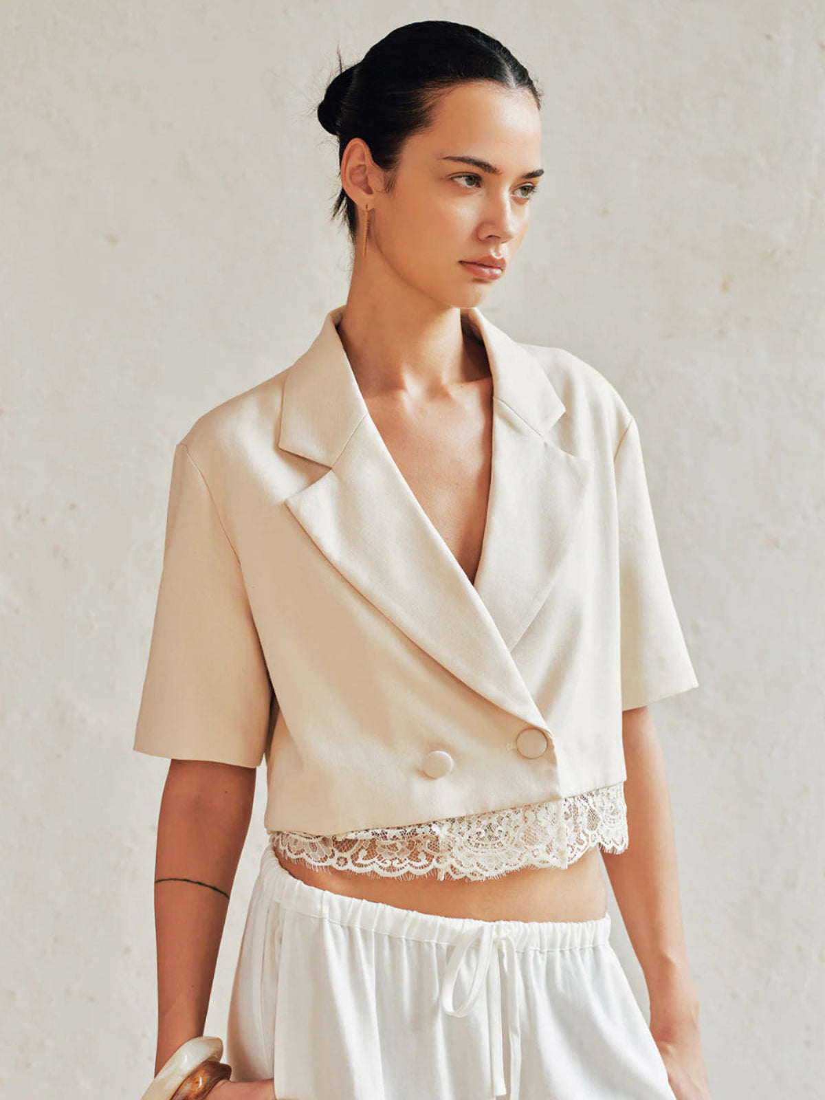 Double Breasted Lace Hem Short Sleeve Blazer