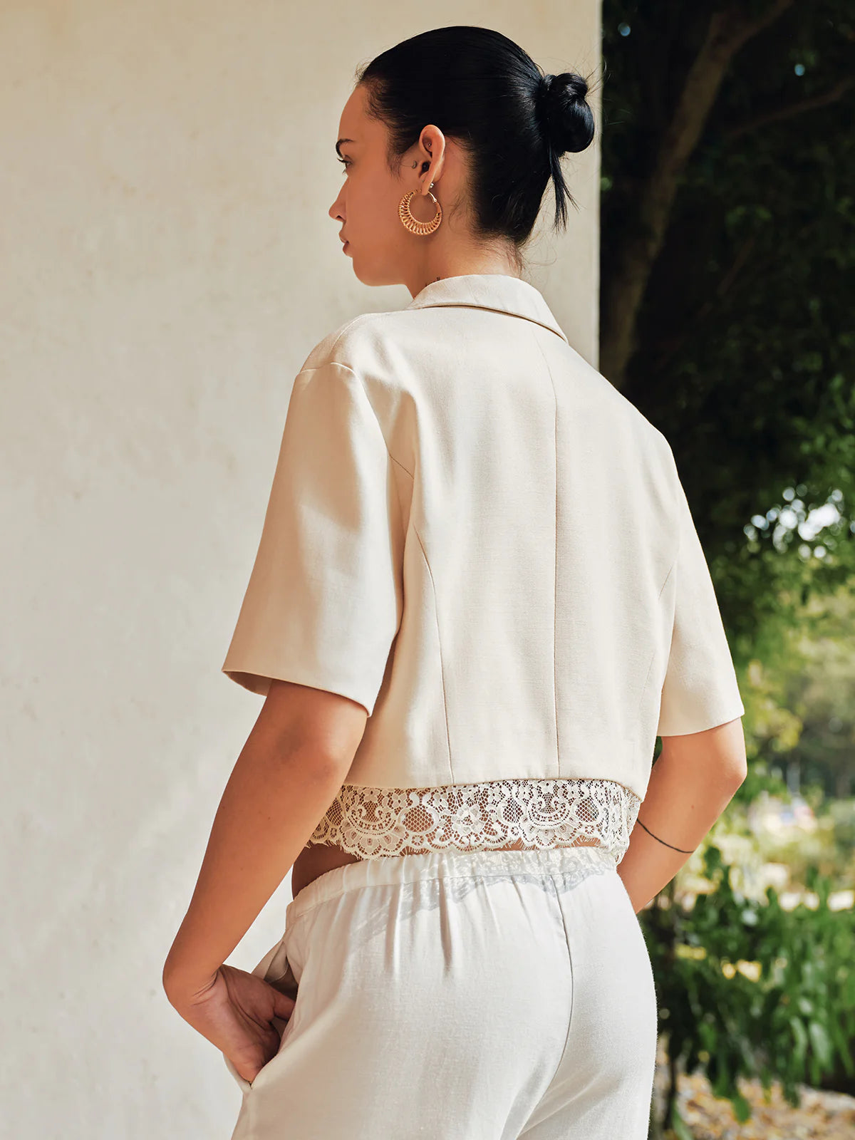 Double Breasted Lace Hem Short Sleeve Blazer